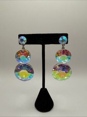 Vintage Silver Tone Iridescent Large Dangle Drop Statement Earrings
